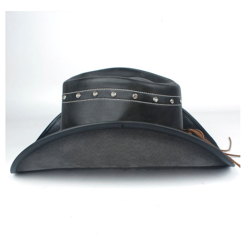 100% Leather Women Black Western Cowboy Hat Lady Wide Brim Hat Outdoor Performance Cowgirl Hat