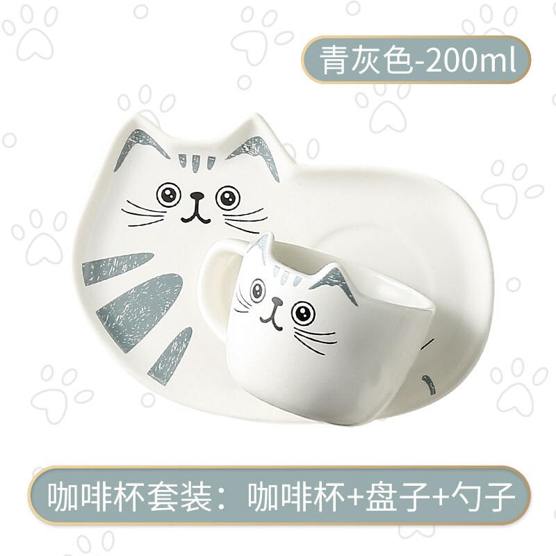 Cartoon Ceramics Cat Mug Set with Saucers Spoon 200Ml Coffee Milk Mugs Cute Breakfast Drinkware Birthday Porcelain: cyan