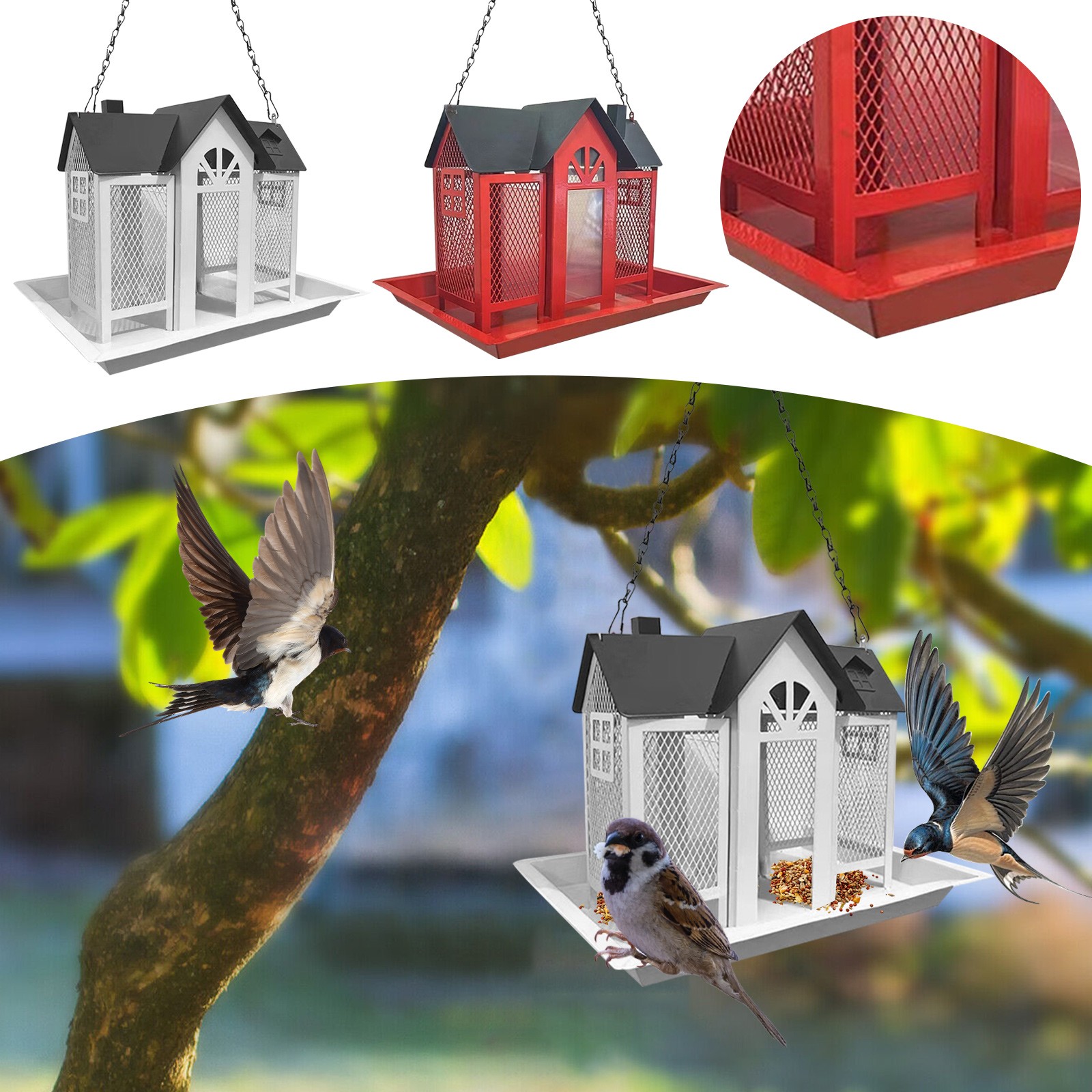 Vogelvoeders voor buitenshuis Metalen vogeltuinvoeders Regen-/winddicht Cottage Vogelvoeder Vogelvoeder met grote capaciteit