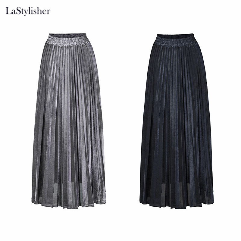 Guld elastiske højtaljede nederdele kvinder forår efterår kvinder maxi lang nederdel sølv casual kvindelige plisserede nederdele streetwear