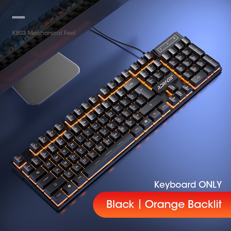 Wired Gaming Keyboard Mouse Gamer Kit PC Gamer Mechanical Feel Keyboards Rainbow Backlight Computer Backlit 104 Keys Keycaps Set: OrangeKeyboard Black