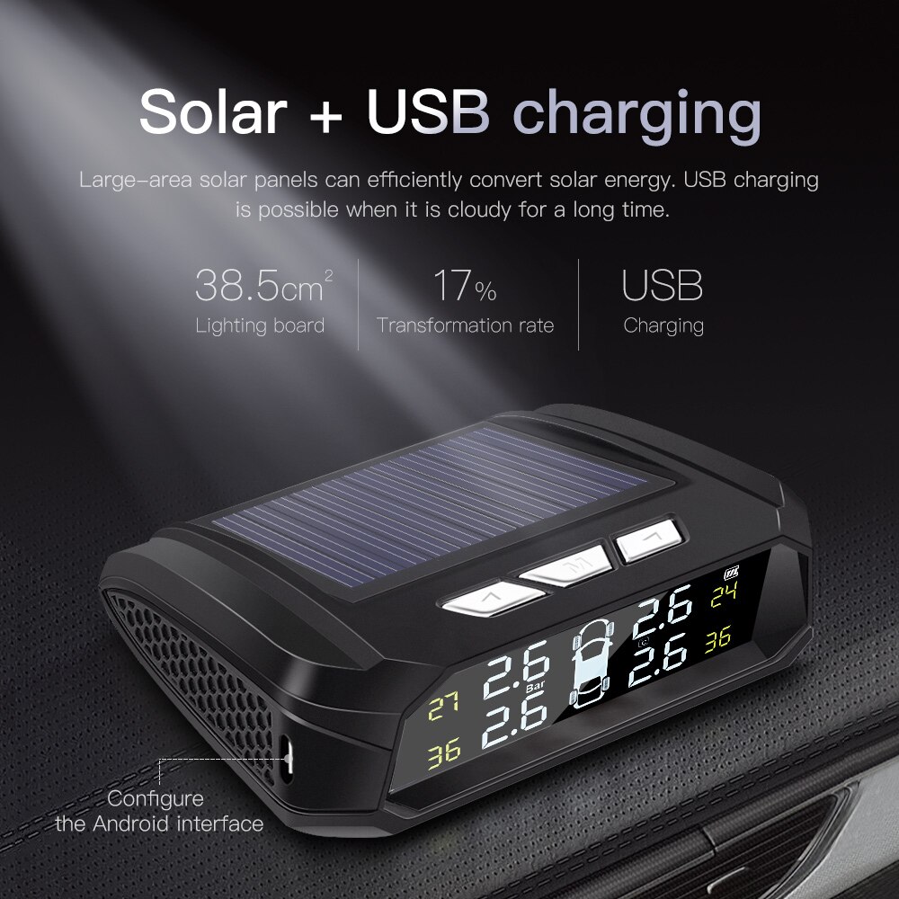 TPMS Car Tire Pressure Monitoring System Internal External Sensor Solar TMPS Control Wheels Wireless Tyre Pressure Sensor Alarm