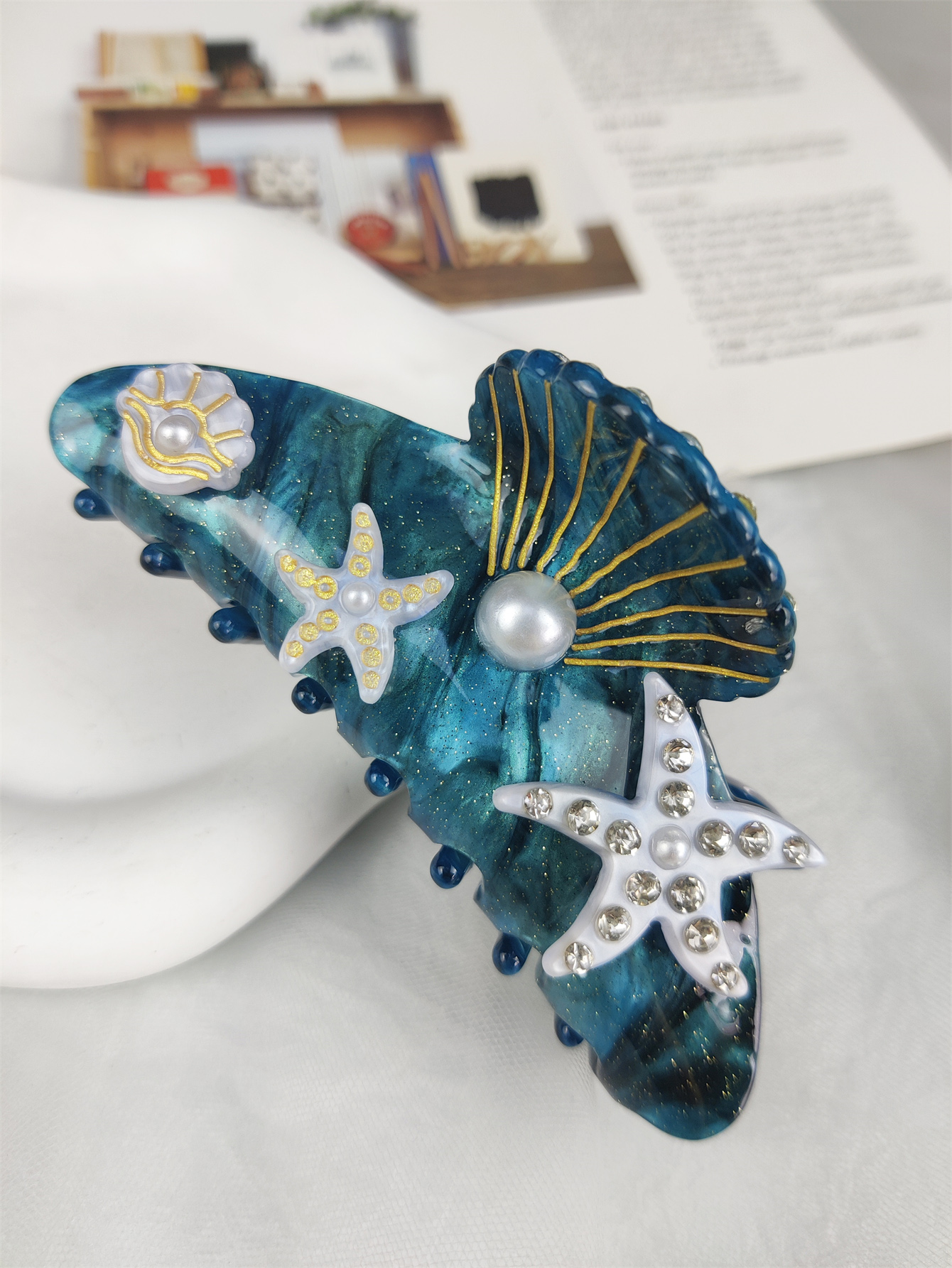 Pinzas para el cabello grandes de la serie Sea, pinzas para el cabello con concha de estrella de mar de diamante, accesorios para el cabello de acetato hechos a mano
