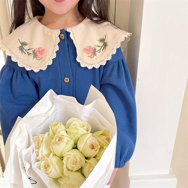 1650C cappotto da ragazza 2022 primavera nuovi vestiti per bambini coreani Cardigan lavorato a maglia in pizzo colletto rovesciato cappotto sottile Waffle: Blue / 120 for 5y