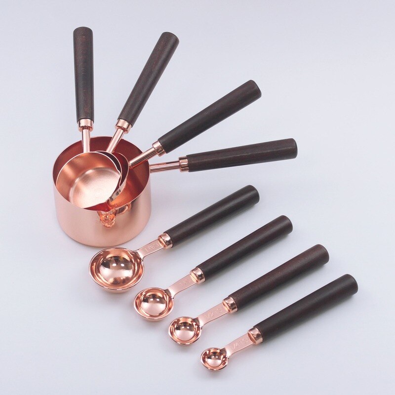 Rose Gold Stainless Steel Coffee Measuring Cup Measuring Spoon Set Utensils Scale Spoon Baking Wooden Handle Measuring Cup