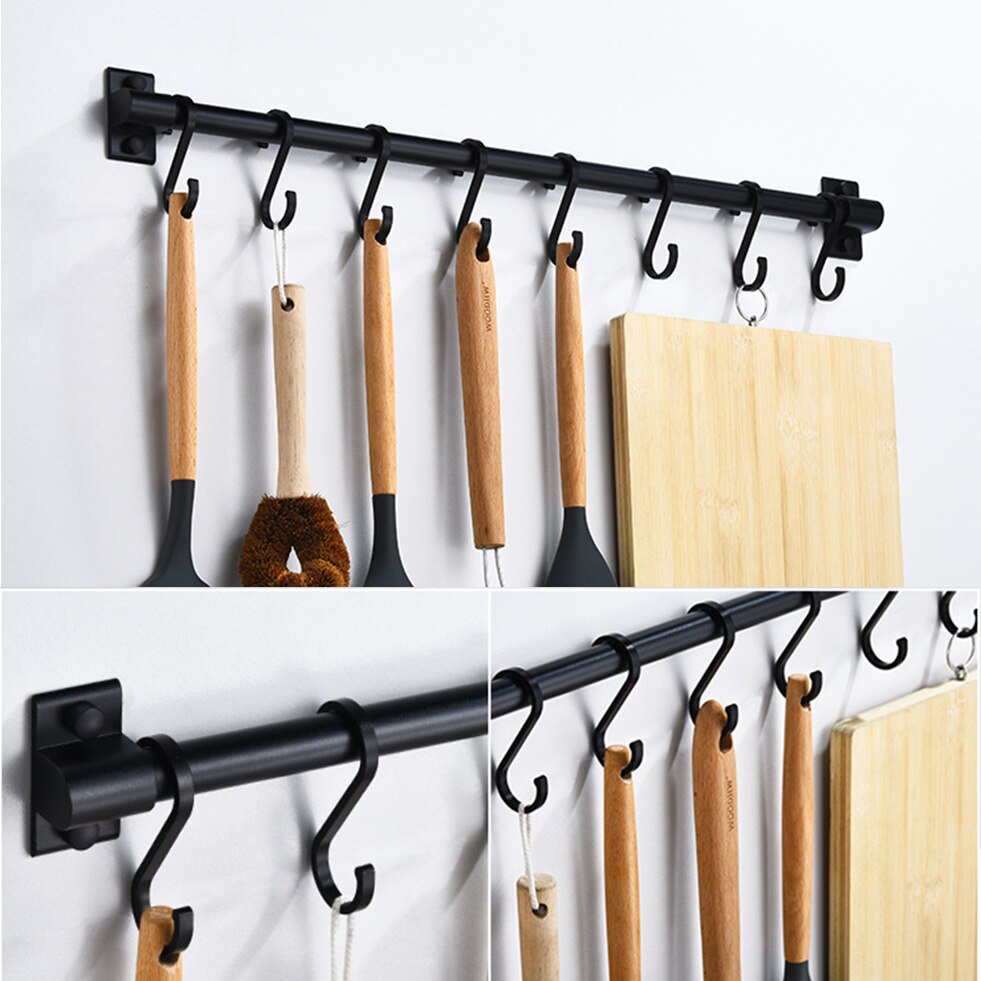 Zwarte Keuken Haak Rack Wall Mounted Pantry Gereedschaphouder Keuken Plank Aluminium Pantry Bar Voor Keukengerei Gebruiksvoorwerp Opbergrek