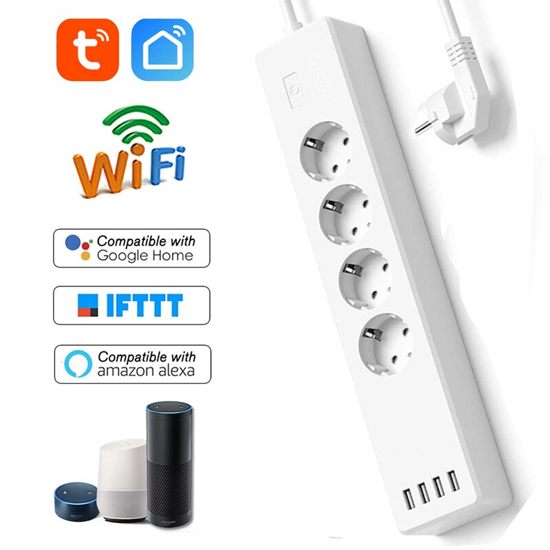 Plug Aangesloten Wifi Smart Power Strip Met 4 Smart Stekkers 4 Usb-poorten Verlengsnoer, werken Met Alexa & Google Assistent