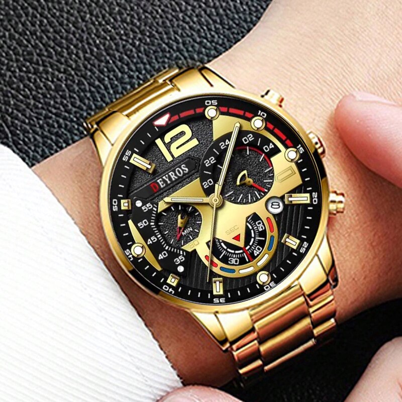 3PCS Set Mode Heren Zakelijke Horloges Mannelijke Casual Rvs Quartz Horloge Mannen Gouden Ketting Armband Polshorloge