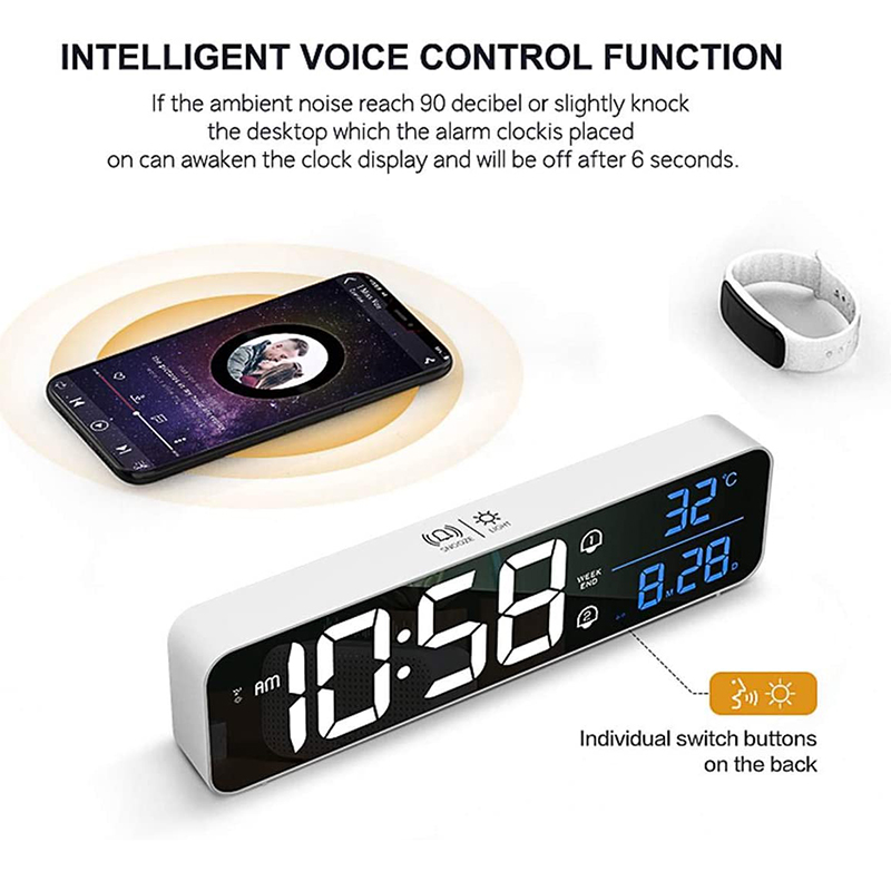 MICLOCK Wireless 10.4 inch Alarm Clock Rechargeable Large LED Wall Digital Clocks 40 Ringtones Sound-Activated Date Temp Display