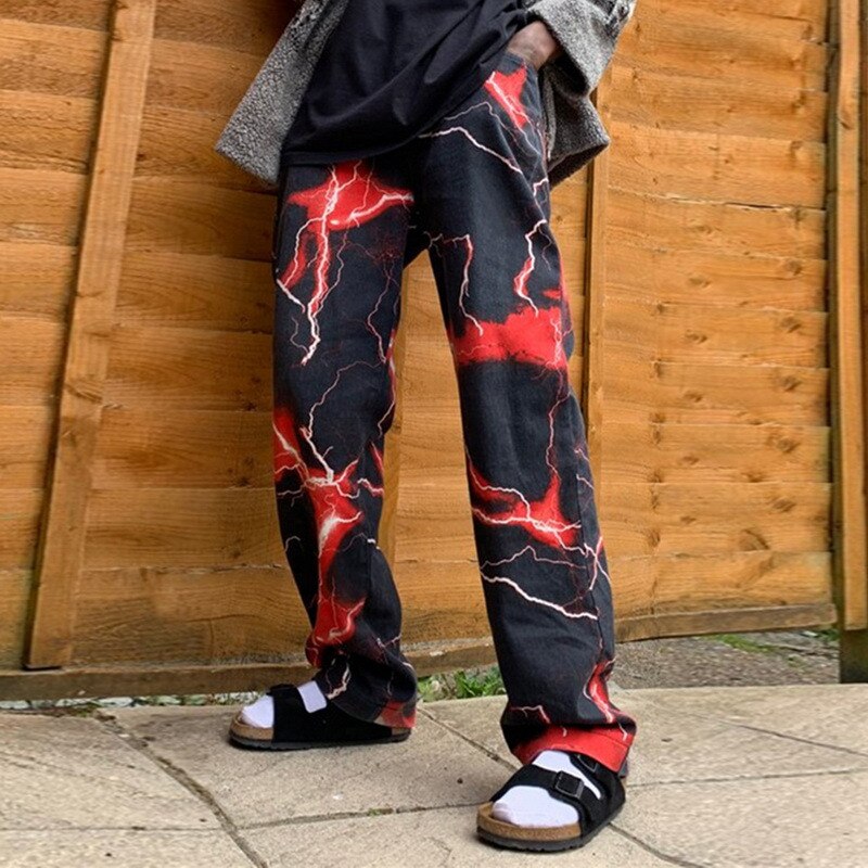 Harajuku Dark Straat Retro Bliksem Casual Broek Lente Mannen Losse Wijde Broek Broek Hip Hop Streetwear joggingbroek: Xxxl / Red