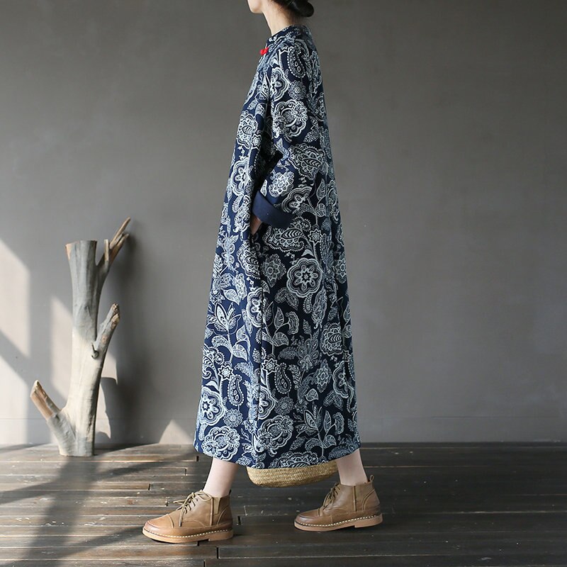 Johnature kvinder vintage kjole hvid og blå kinesisk stil cheongsam efterår vinter stand langærmet fleece varm kjole