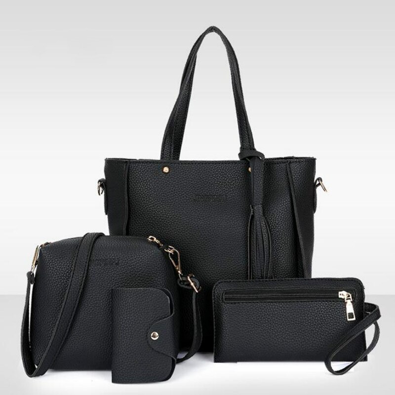 Moda de quatro peças bolsa de ombro saco do mensageiro bolsa carteira mulher bolsa de couro durável retro bolsa de ombro sac principal femme: Black