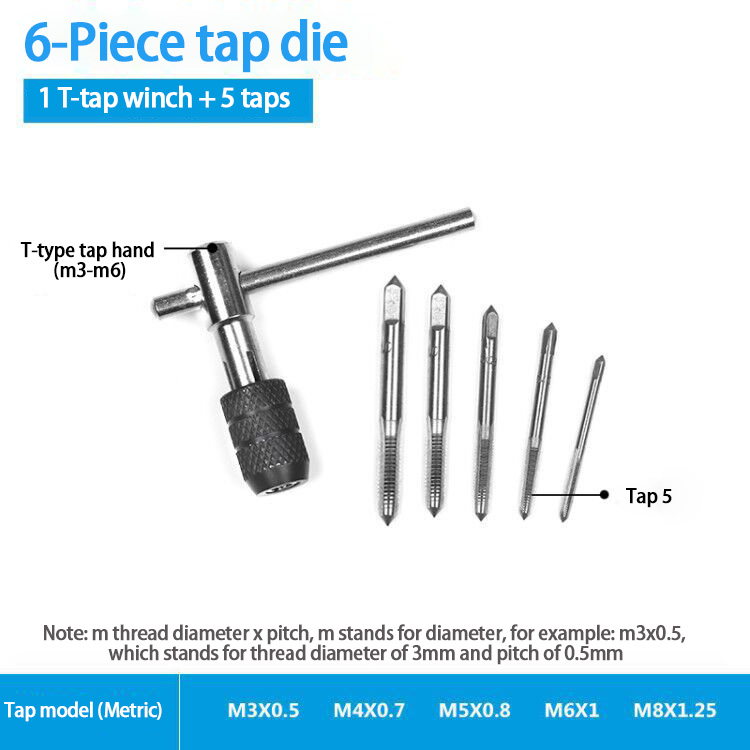 Multi-Use System Tap And Die Combo Hand Tap Wrench Die Setter Set Suit Tapping Threading Tool Fast Tapping Speed Fine Thread: 6-piece tap set