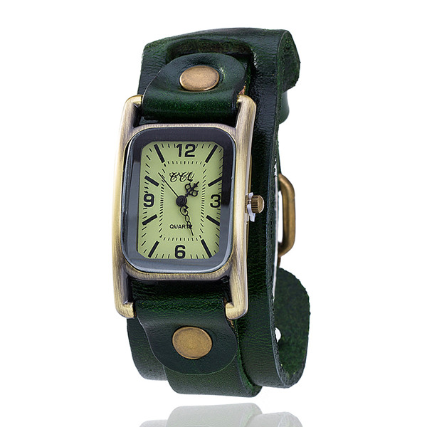 Ccq vintage ko læder armbåndsur casual dame armbåndsur antikt kvarts ur relogio feminino: Grøn