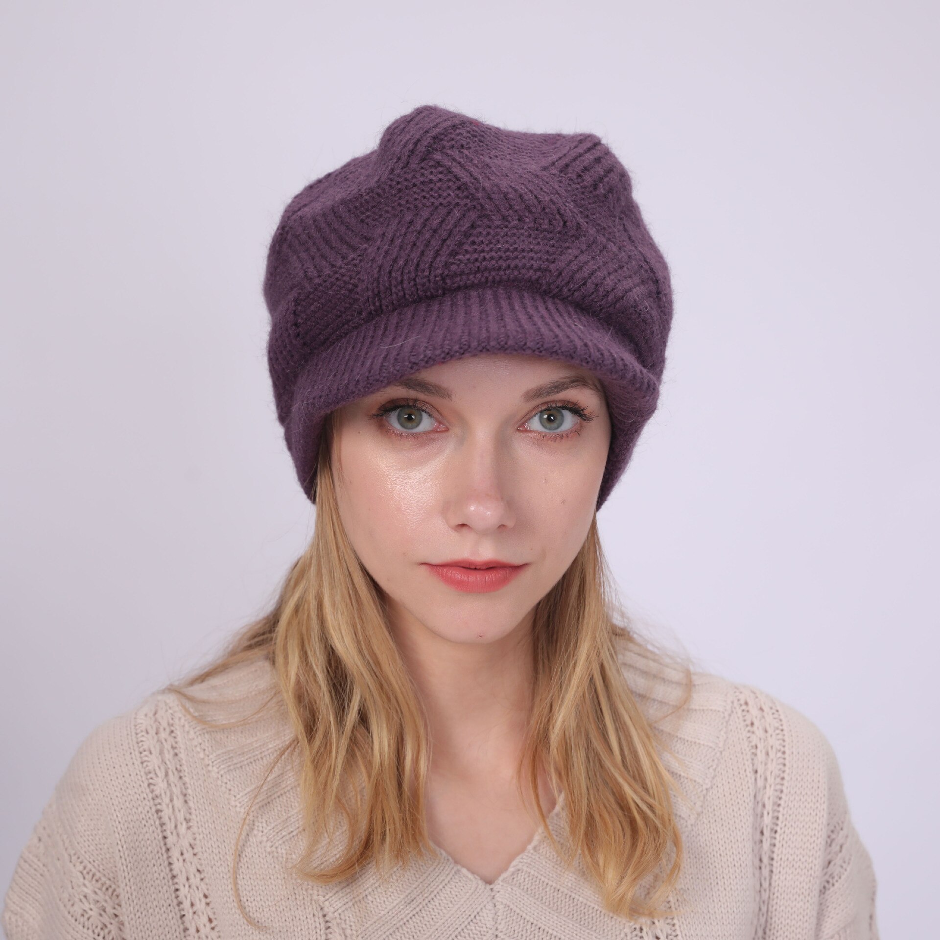 Women Winter Warmer Solid Color Crochet Hat Cap Peaked Visor Brim Slouchy Beret Knitted Hats: 4