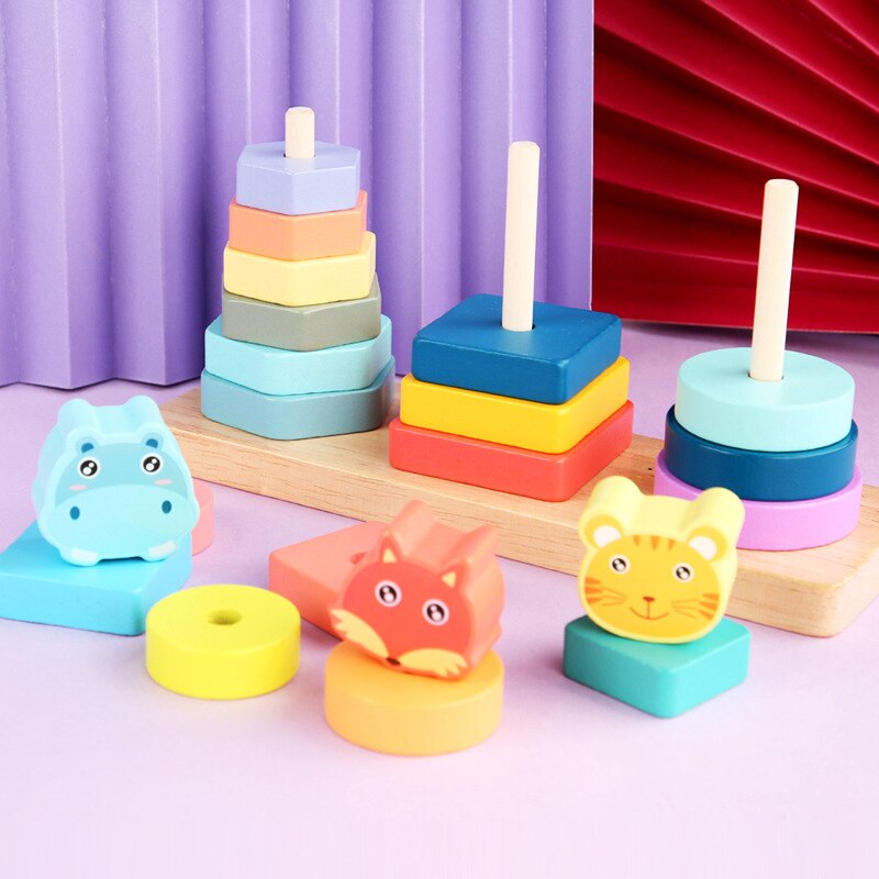 Jouets en bois pour bébé, ensemble assorti d&#39;animaux, planche de tri géométrique, jouet éducatif pour enfants, Puzzle empilé, tour de pilier pour enfant,