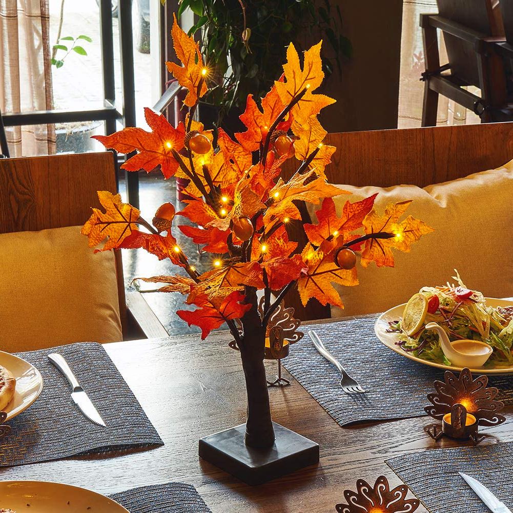 24 LED Künstliche Herbst Ahorn Batterie Betrieben Tabletop Licht Herbst Ahorn Blätter Acorn Baum Tisch Lampe Hochzeit Hause Dekoration