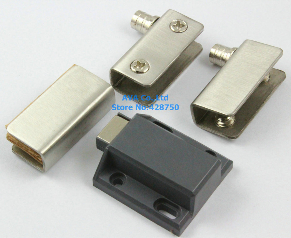 2 x Press Open Single Glass Door Pivot Hinge Set Clamp Clip Magnetic Catch Latch