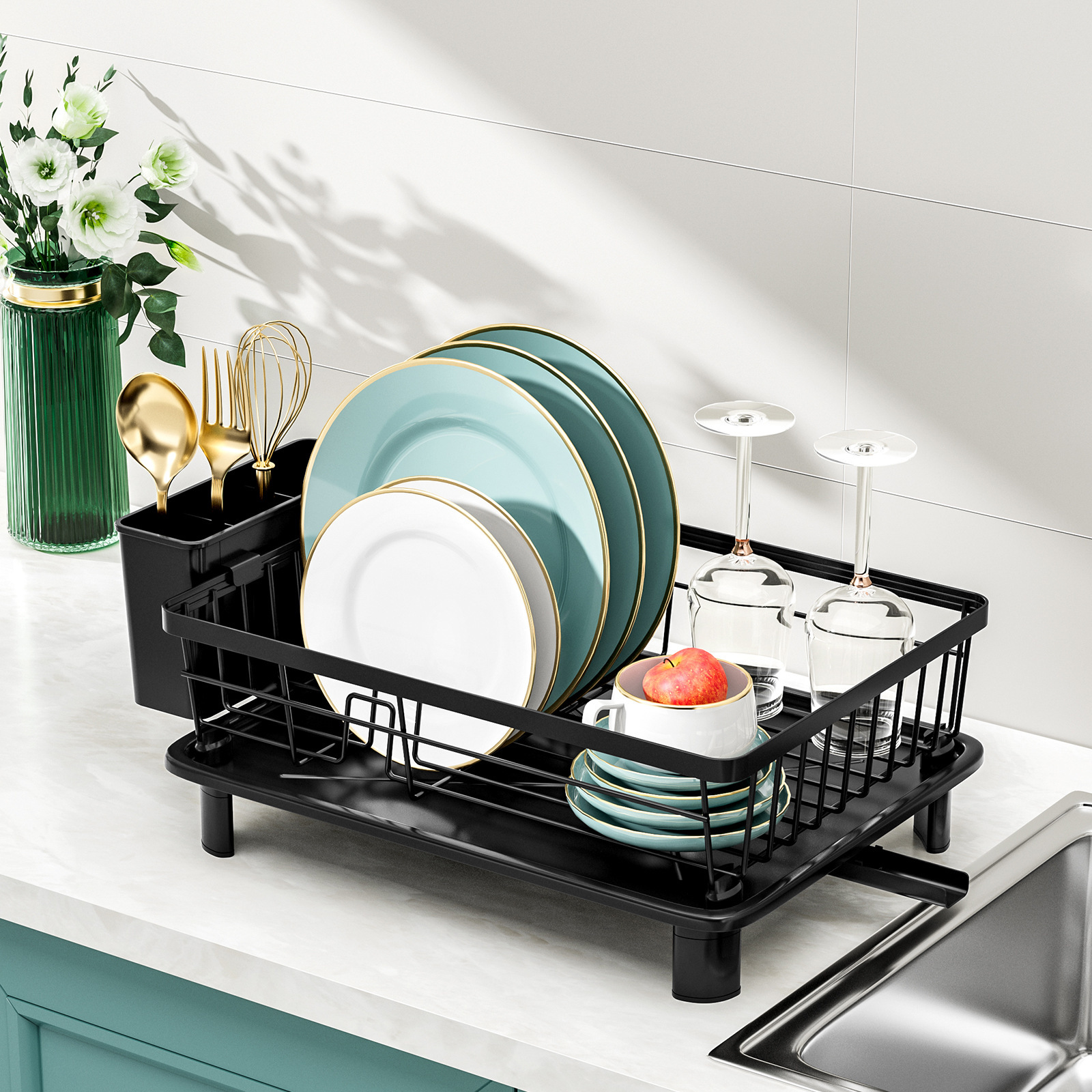 Kitchen Dish Rack Drainer Chopsticks and Cutlery Storage Rack Dinnerware Drying Rack Household Multifunctional Countertop Shelf