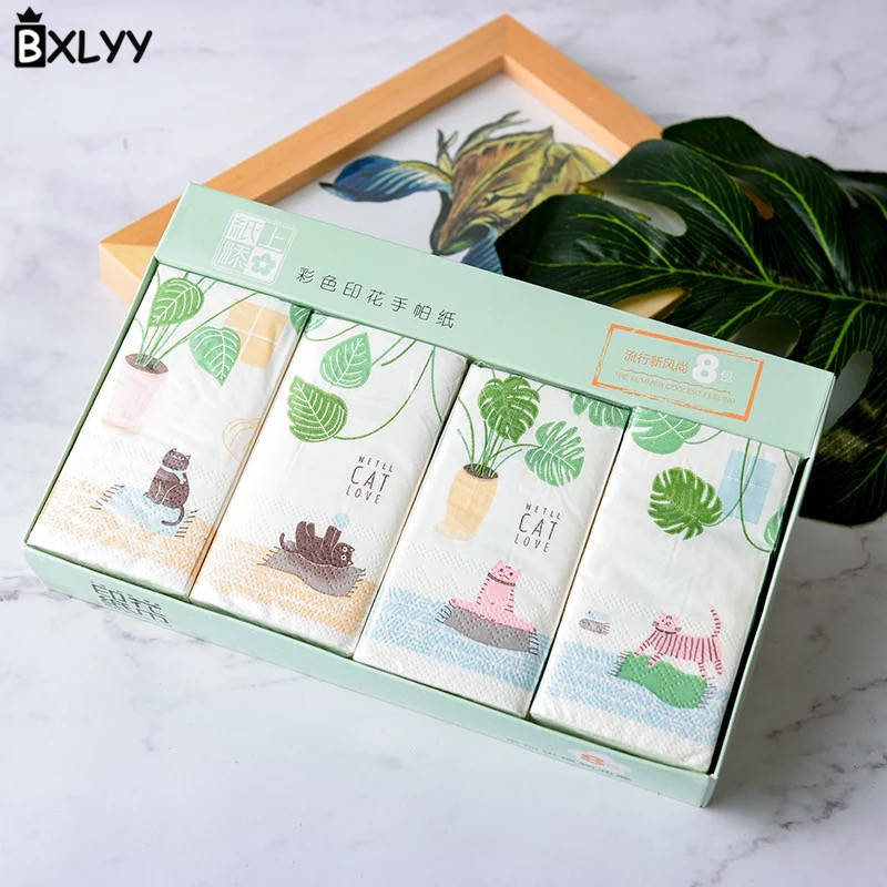 BXLYY 2pc Cartoon Plant Kat Wegwerp Papieren Handdoek Drie-layer Printing Zakdoek Papier Party Decoratie Christmas.85z