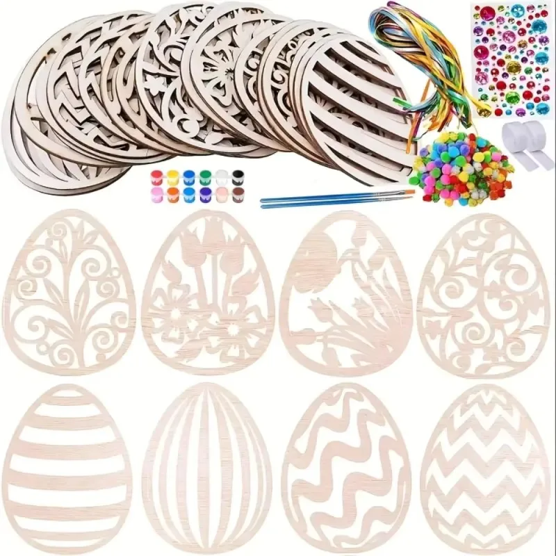 DIY Wooden Easter Egg Craft Kit Includes Unfinished Painted Egg Wall Hanging with Floral and Jagged Patterns Easter Decorations: Beige
