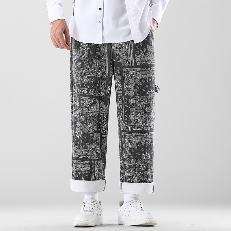 Bandana Jeans retrò uomo pantaloni larghi dritti larghi in Denim pantaloni da Skateboard Vintage Oversize High Street Hiphop Street Wear