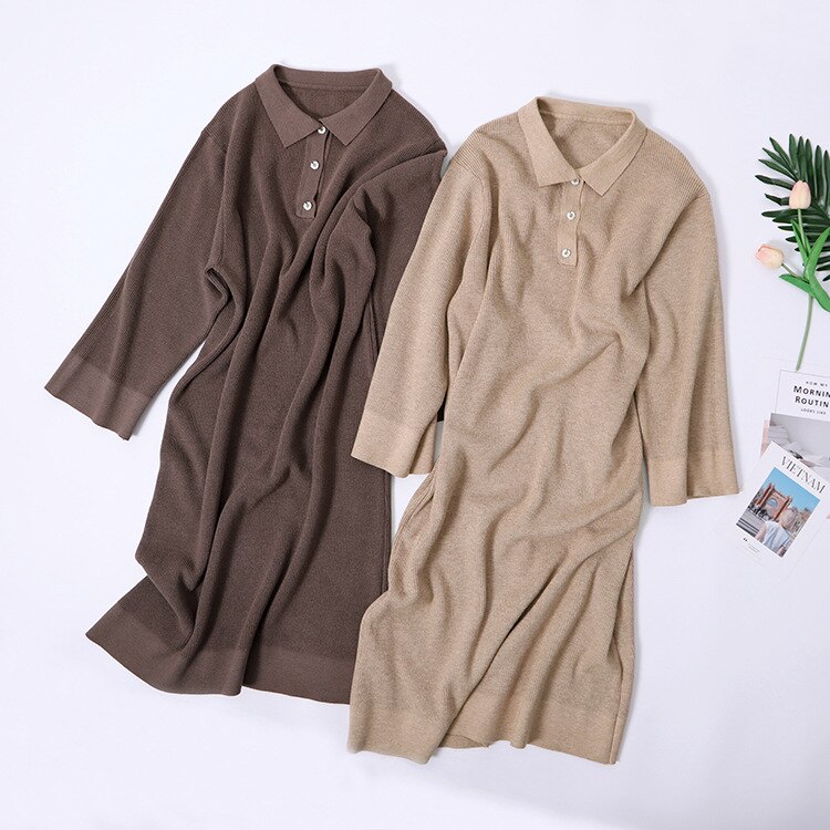 HLBCBG Vestido largo de gran tamaño de punto de las mujeres Maxi recto grueso cálido Turn-Down Collar suéter vestido Otoño Invierno botón vestido de