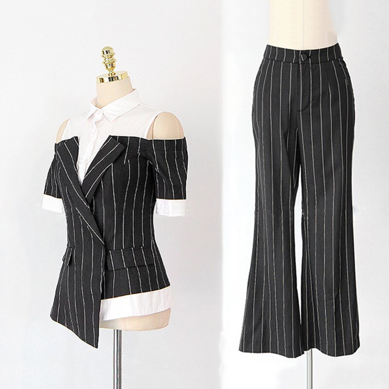 Summer Work Pant Suits OL 2 Piece Set for Women Business interview suit set uniform Short Sleeve Blazer Striped Pant Office Lady: M