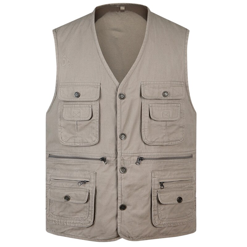 Gilet classique d&#39;été pour hommes, veste sans manches à boutons en coton, 3 couleurs, avec de nombreuses poches, solide, gilet de voyage de grande taille: Khaki Vest / XXXL