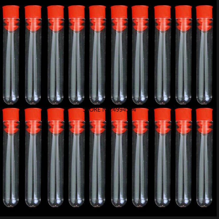 100pcs 12x75mm Clear Plastic reageerbuizen met blauw/rood stopper push cap voor soort experimenten en tests
