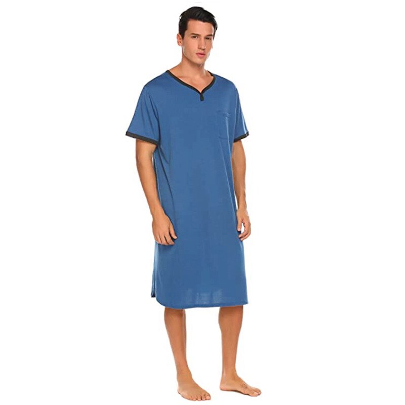 Mannen Pyjama Vintage Korte Mouw Katoen Gewaden V-hals Effen Kleur Nachtjapon Heren Badjassen Homewear M-3XL