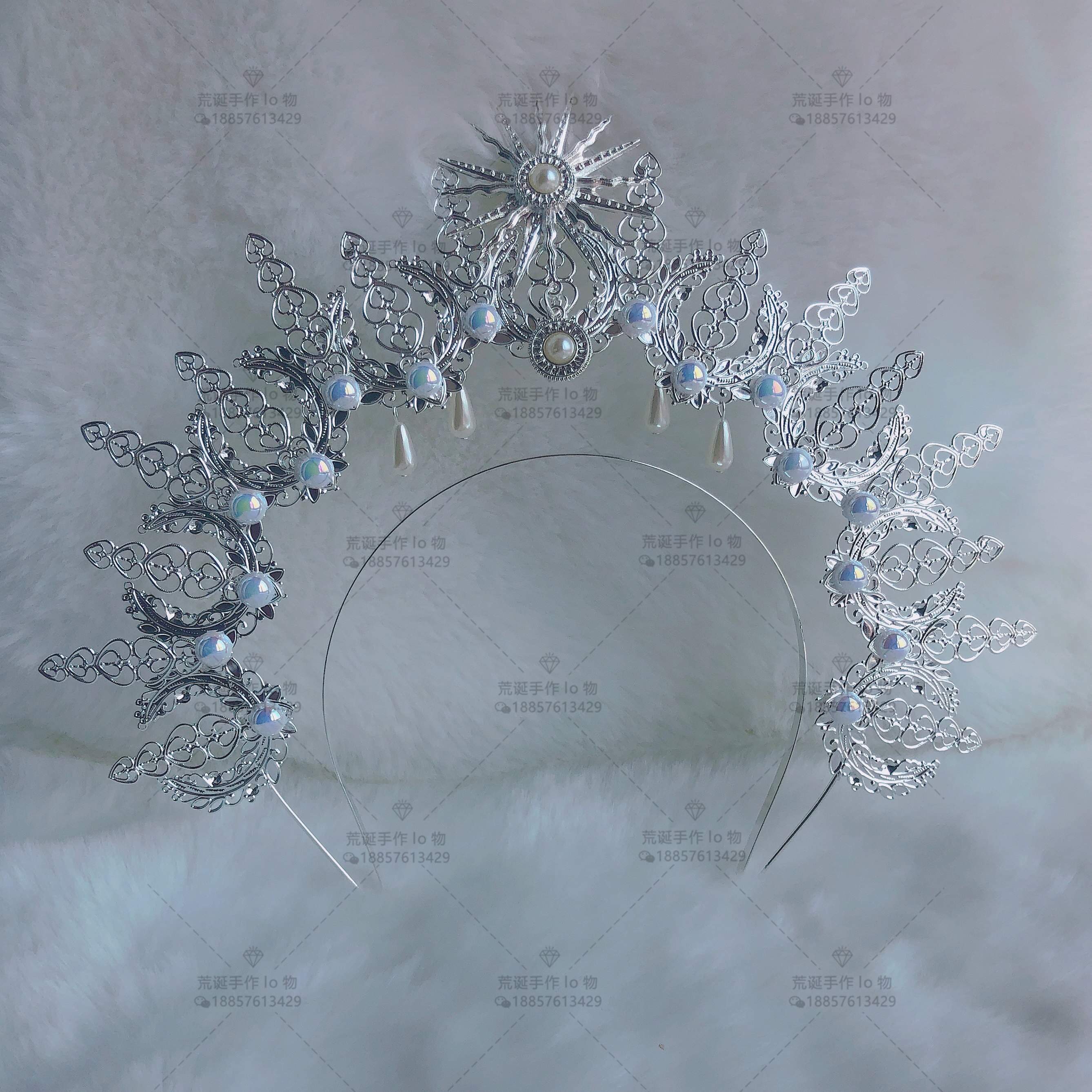Lolita – coiffure ange Madonna Halo, diadème avec ouverture en argent, couronne, bandeau, perle, chaîne de cheveux, cerceau, ornements de cheveux faits à la main