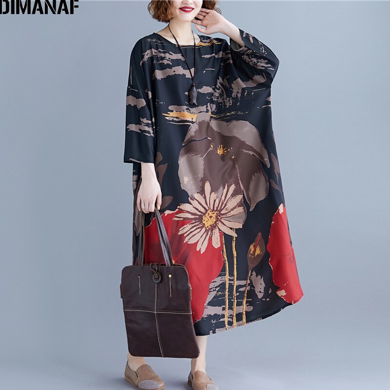 DIMANAF Plus Size Vrouwen Jurk Print Herfst Vintage Vestidos Chinese Stijl Elegante Vrouwelijke Lady Lange Mouwen Oversize Losse Jurk