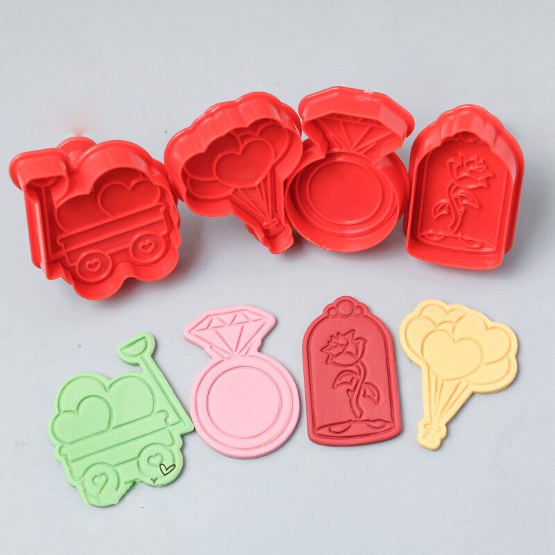 4 Stuks Liefde Rose Cookie Stempel Biscuit Mold Plunger Mold Cookie Cutter Fondant Decoratie Gereedschap Sugarcraft Mold Voor Valentijnsdag dag