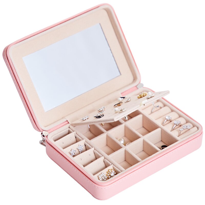 Joyero de viaje, organizador de cosméticos, joyero, caja de almacenamiento de pintalabios y maquillaje, contenedor de belleza, collar, de cumpleaños: Pink with Mirror