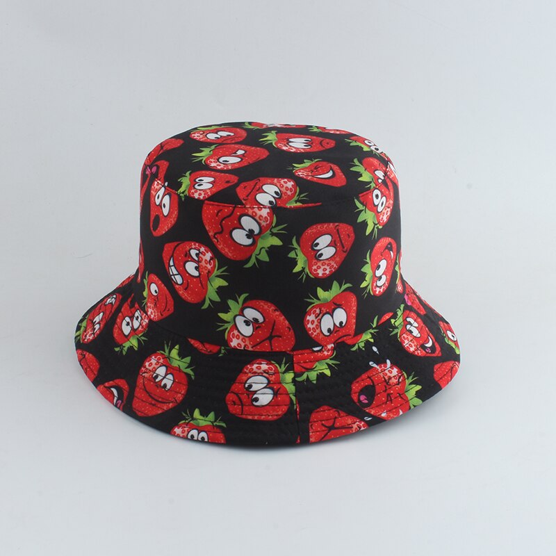 Zomer Zon Hoeden Voor Vrouwen Mannen Panama Emmer Cap Fruit Watermeloen Oranje Banaan Aardbei Gedrukt Visser Hoed: strawberry black
