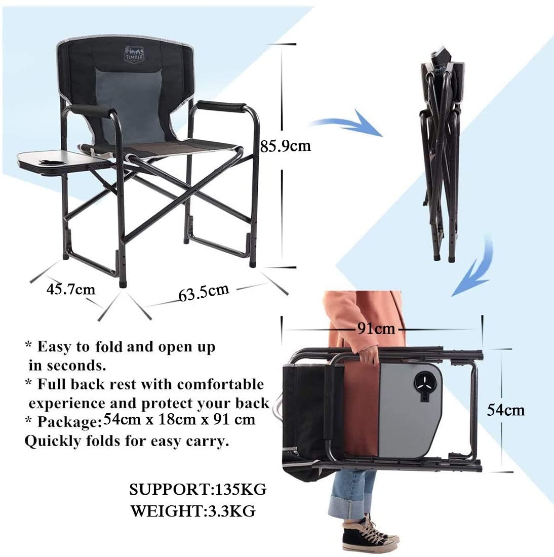 Director's Chair Folding Aluminum Camping Portable Lightweight Chair Supports 135kg with Side Table Outdoor, nature hike chair