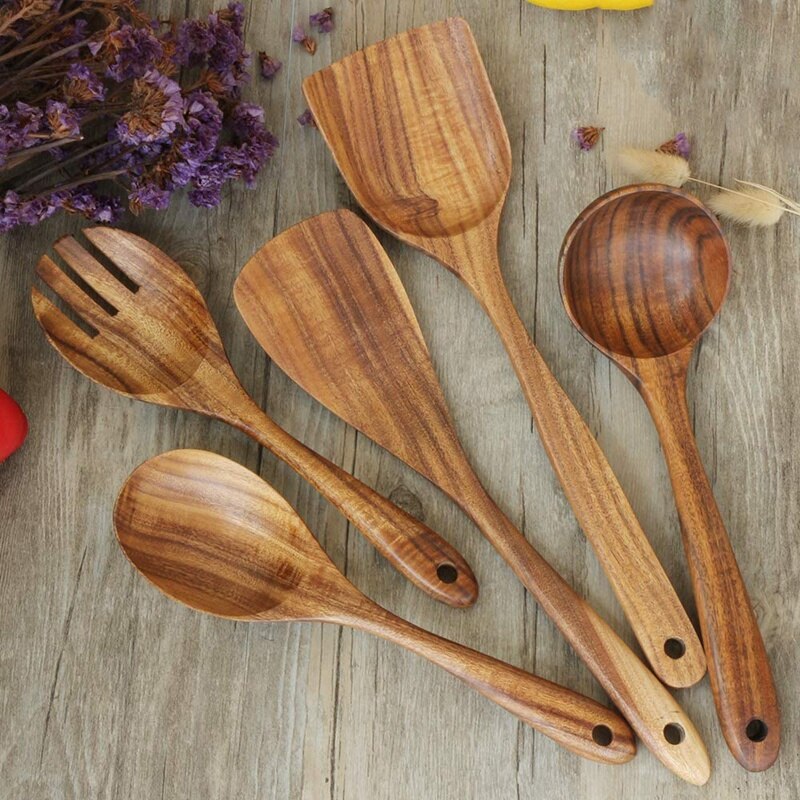 Wooden Utensils for Cooking,6 Pack Organic Teak Wooden Spoons for Cooking Wood Utensil Set and Spatula for Kitchen