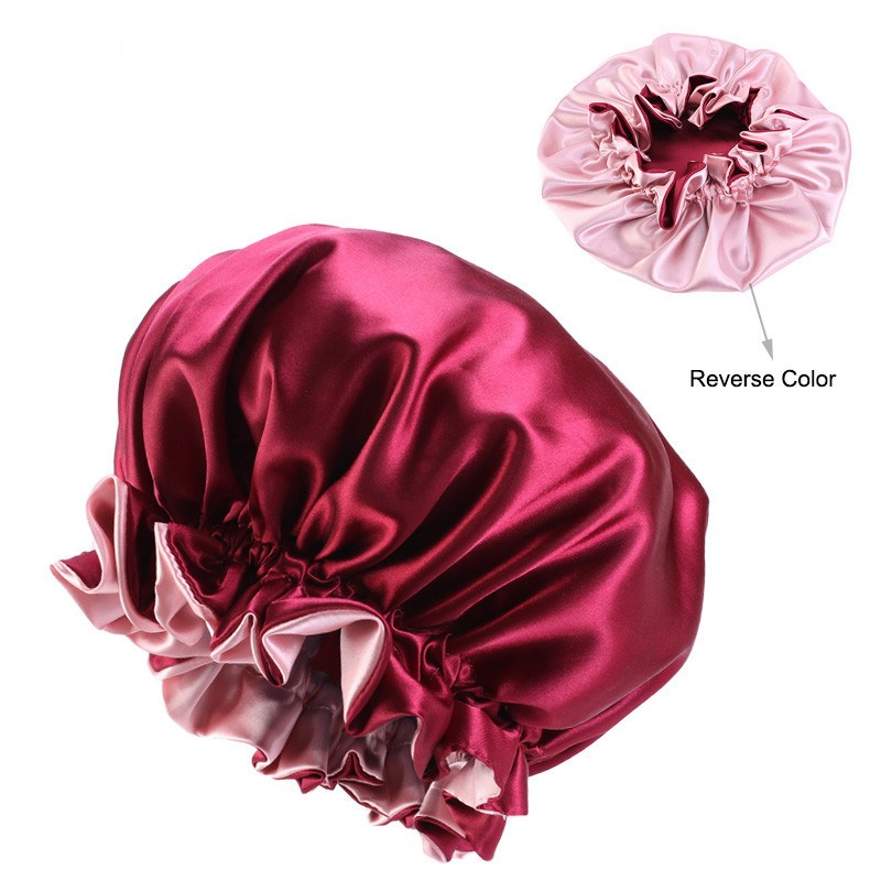 Ekstra stor satin silke motorhjelm sovekappe soild farve kemoterapi bruserhætter premium elastikbånd hatte satinhuer: Rødvin