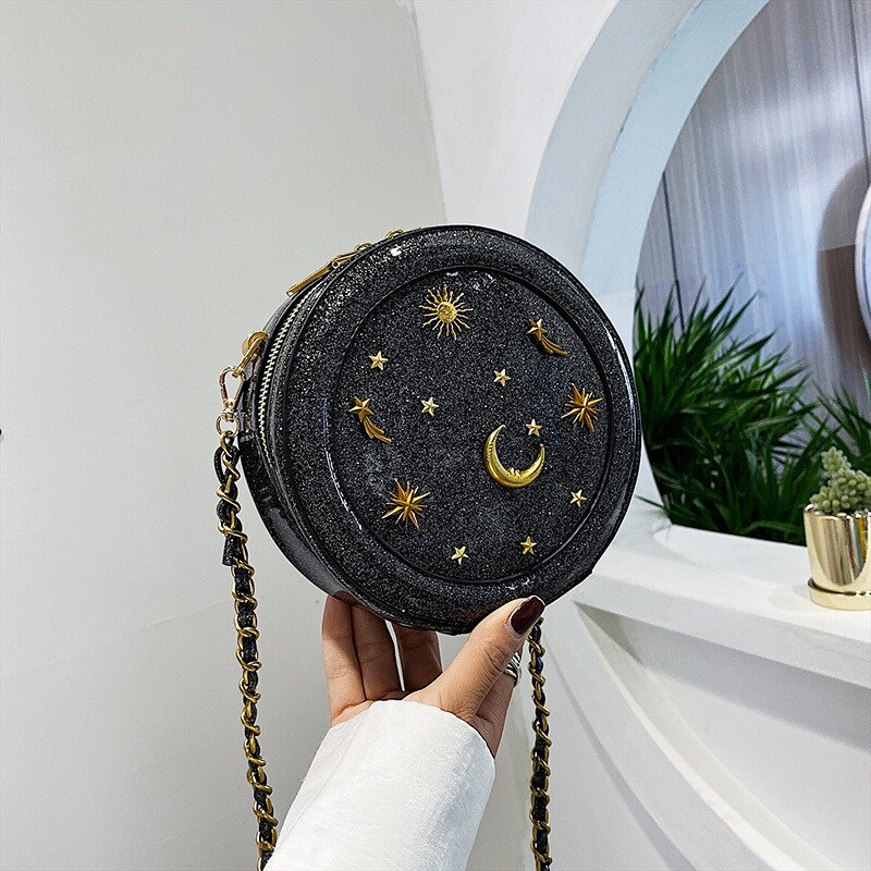 sternenklar Himmel runden Leder Schulter Tasche Pro Frauen Damen Geldbeutel und Handtaschen weiblich kreisförmig Crossbody Bote Tasche: Schwarz