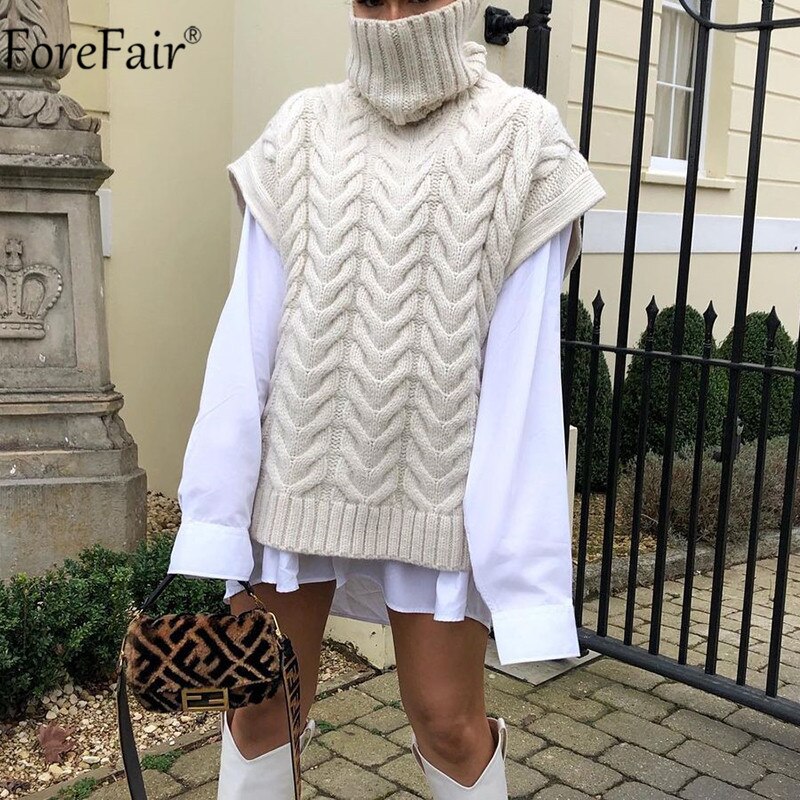 Forefair beige ärmlös polotröja kvinnor tjocka stickade axelryckningströjor lediga lösa oversized höst vintertröjor jumpers: Beige