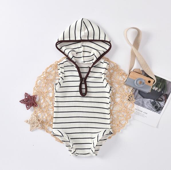 Décontracté bébé barboteuses à capuche 3 couleurs rayé tricoté bouton sans manches combinaison Outwear garçons filles vêtements: C / 12M