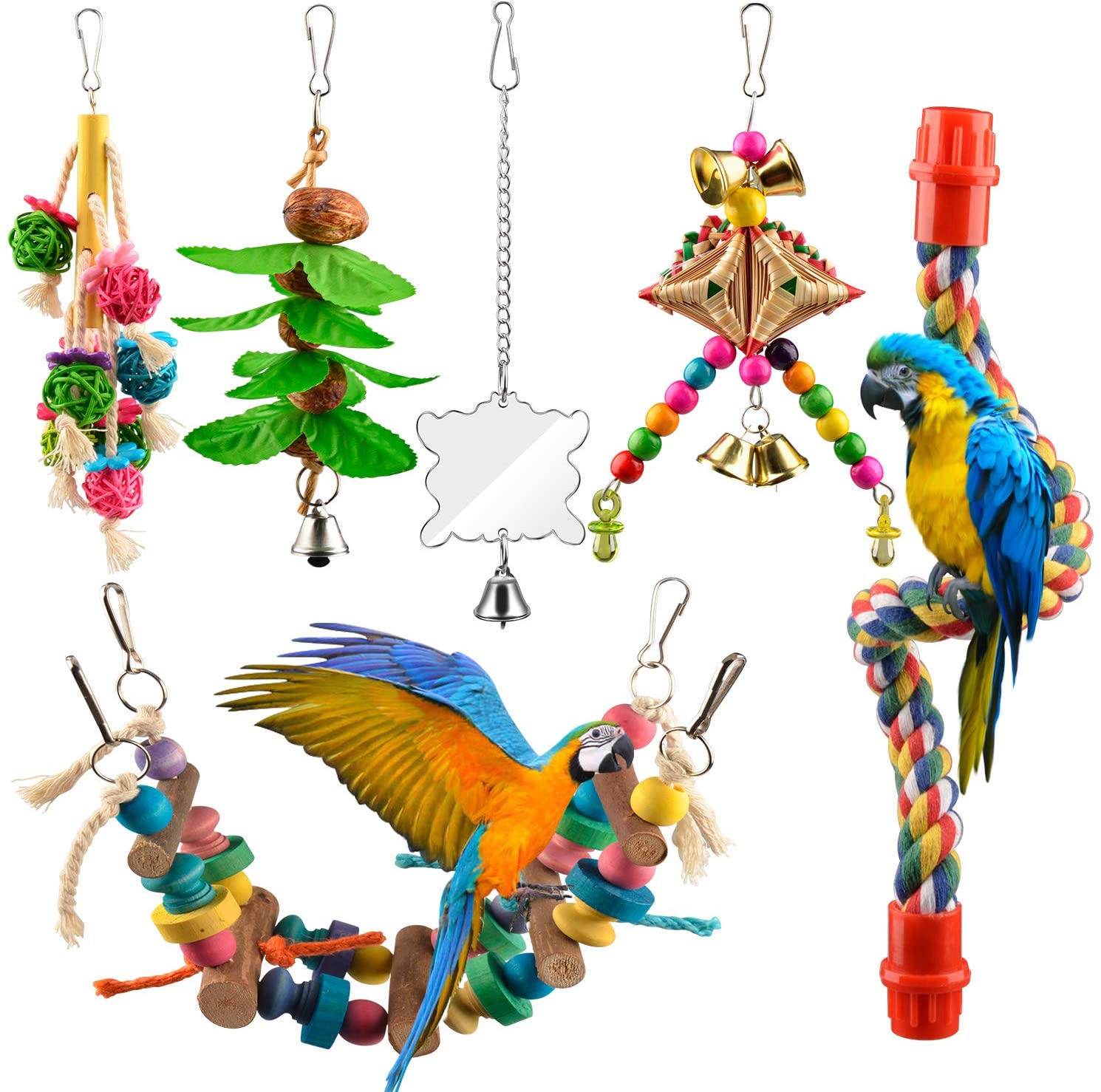 Columpio para aves de juguete, 6 uds., columpio para masticar, para loros, canarios, perchas colgantes con campanas, periquitos, juguetes para masticar