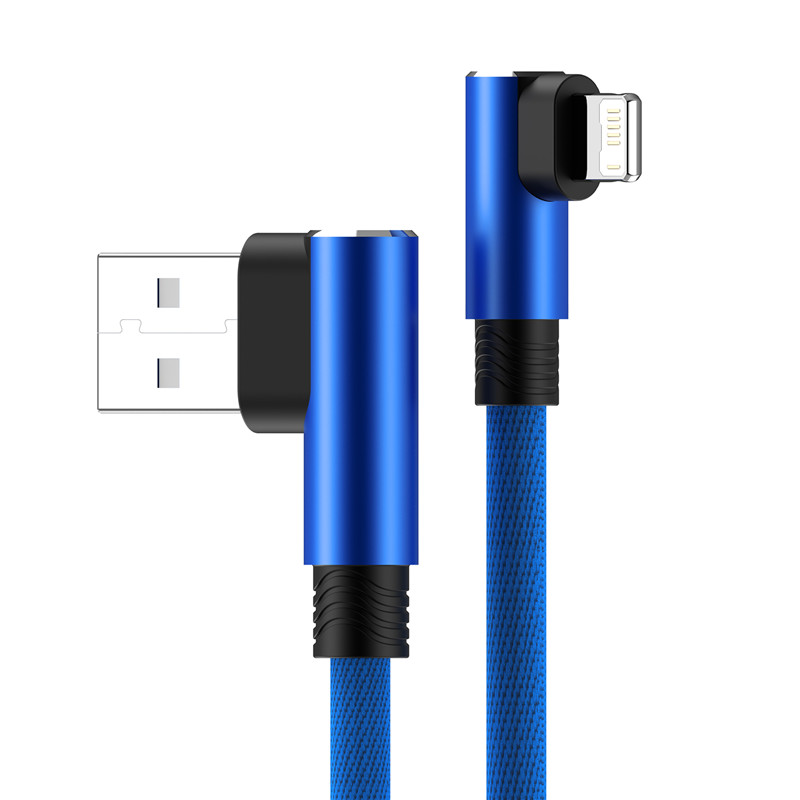 Câble USB pour iPhone 13 12 11 Pro Max XS XR X 8 7 Plus 6 6s 3A câble USB de synchronisation de données de charge rapide cordon de chargeur coudé à 90 degrés 3m: Bleu / 1m
