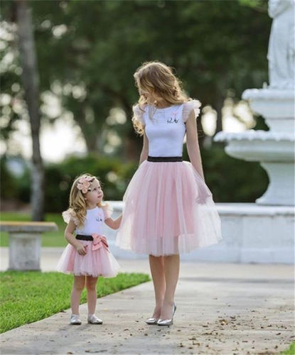 2pcs Mom Daughter Matching Clothes Women Girls Short Sleeve T-shirt Tee Short Bow Knot Tutu Skirt Summer Casual Outfits