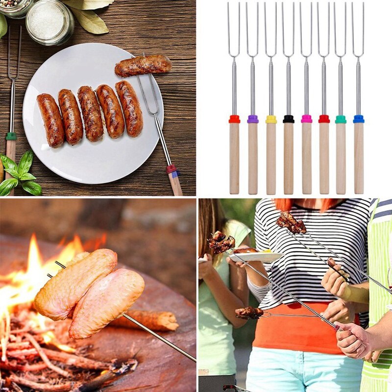 Marshmallow Roosteren Sticks-Set Van 8 Stuks Veilig Voor Kinderen 11-31 Inches Telescopische Dog Smores Vorken, extra 10 Stuks Houten Stickers
