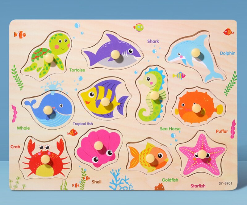 Giocattoli per bambini montessori puzzle di legno a mano afferrare bordo del fumetto veicolo marine animale di puzzle di puzzle giocattolo di legno bambino regali: Marine life 2