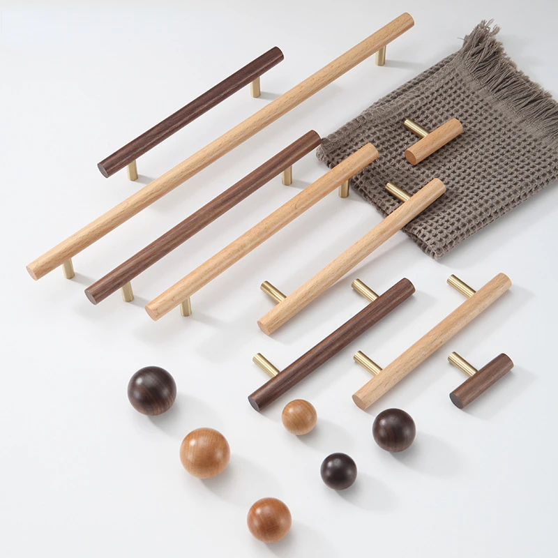 Nordischer Massivholzgriff, natürliche Holzfarbe, runde Kugel, Schranktür, Kleiderschrank, minimalistisch, luxuriös, Buchenholzmaserung, Schubladengriff