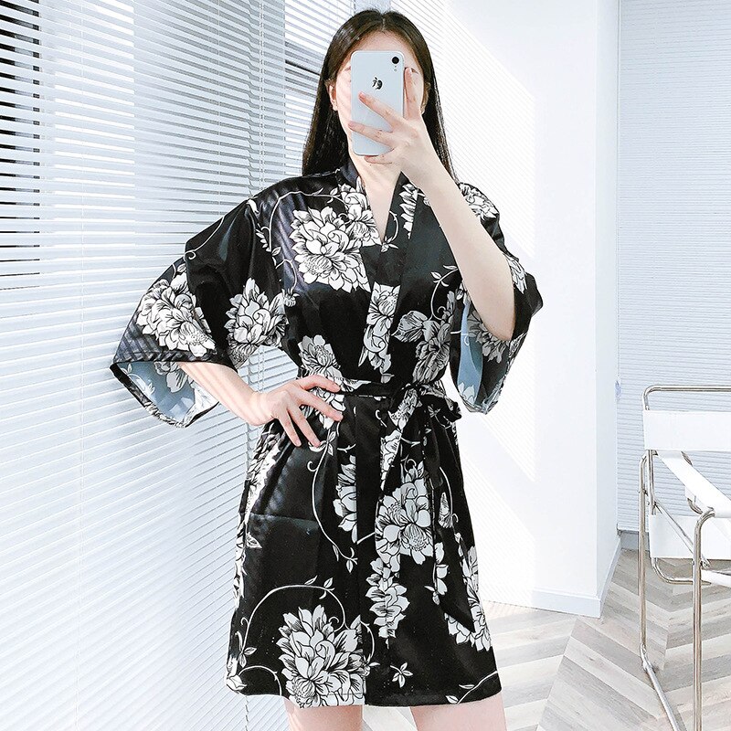 Women's Nightgown Ice Silk Pajamas Summer Printed Home Clothes Kimono Robe Bathrobe Sexy Sleepwear Nightie