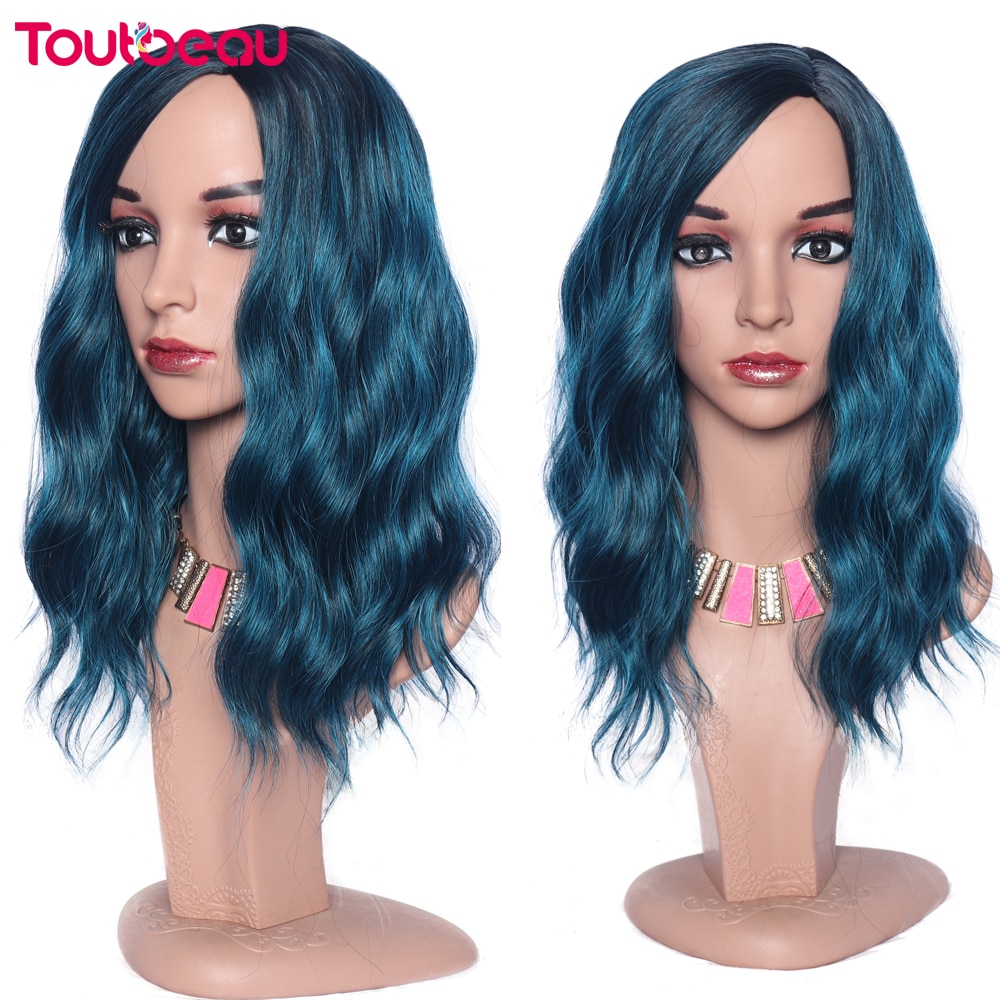 Blue Wigs Medium Length Curly Wigs 16inch Mix-Blue Side Part Wigs Synthetic Wavy Wig Costume Cosplay Wig Heat Resistant Fiber